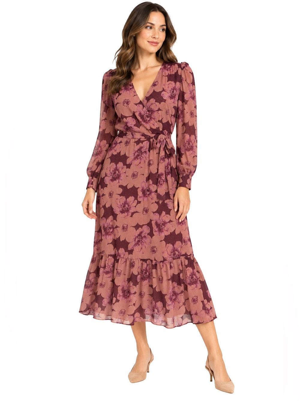 NWOT PAIGE Aloe Long Sleeve Midi Wrap Dress    Mauve Pink Floral Shimmer Small